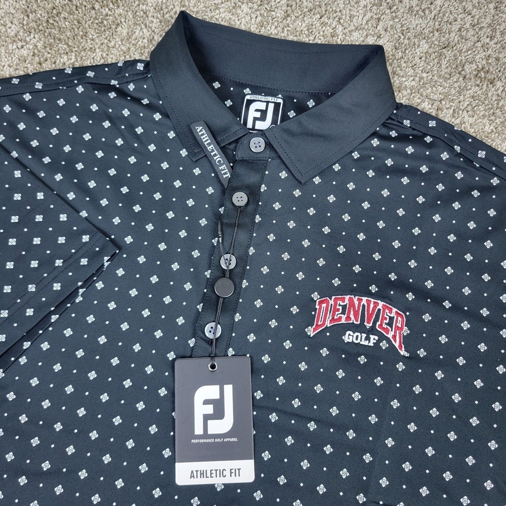 NWT FootJoy Athletic Fit Mens Large Black AOP Geometric Performance Golf Polo